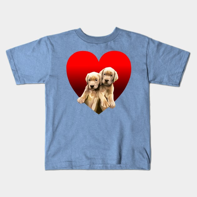 Yellow Golden Labrador Puppies Inside Heart Kids T-Shirt by Art by Deborah Camp